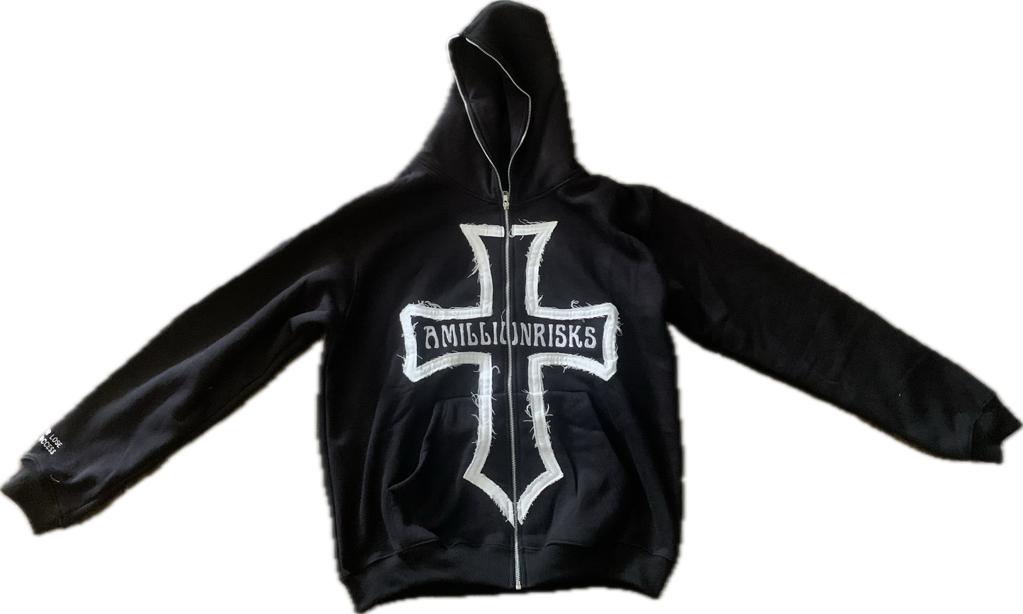 "VOLUME 1" BLACK AND WHITE AMILLIONRISKS FULL ZIP HOODIE