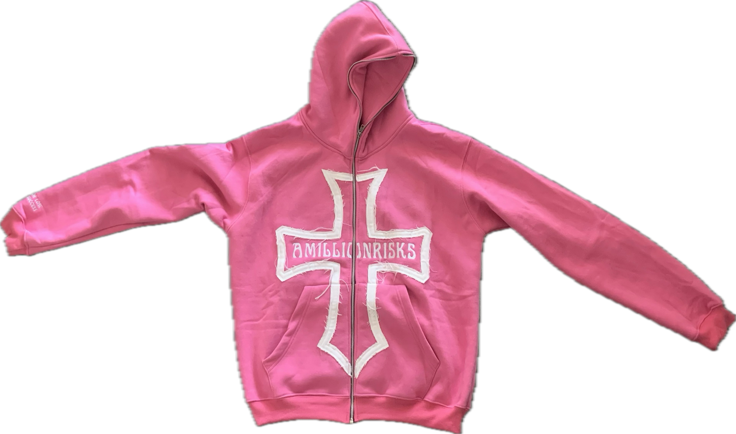 'Volume 1" PINK AND WHITE AMILLIONRISKS FULL ZIP HOODIE