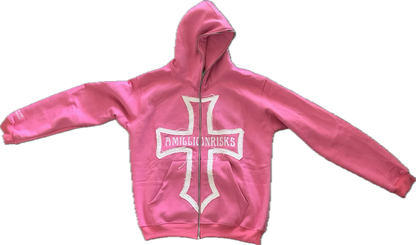 'Volume 1" PINK AND WHITE AMILLIONRISKS FULL ZIP HOODIE