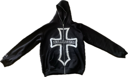 "VOLUME 1" BLACK AND WHITE AMILLIONRISKS FULL ZIP HOODIE